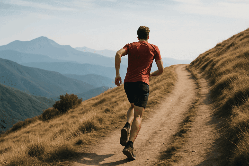 Boost Your Training with These Aerobic and Anaerobic Exercise Examples: How to Build Endurance and Enhance Performance Naturally 6 Trail runner climbing a steep hill with distant mountains, symbolizing aerobic and anaerobic exercise examples for building endurance.