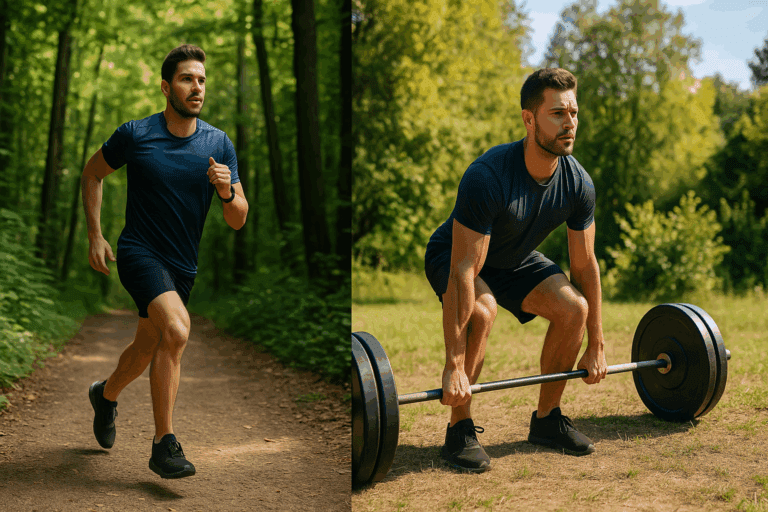 Split-screen showing aerobic and anaerobic exercise examples with a man jogging on a forest trail and lifting a heavy barbell outdoors.