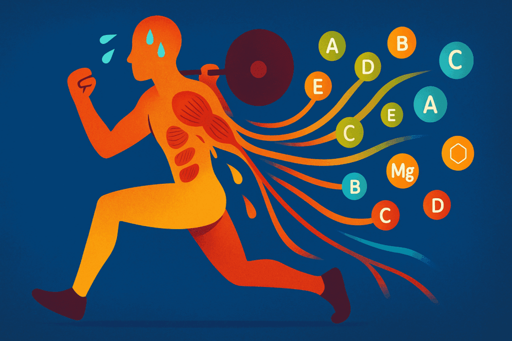 Silhouette of person lifting weights with colorful nutrient streams representing the best vitamins to take when working out
