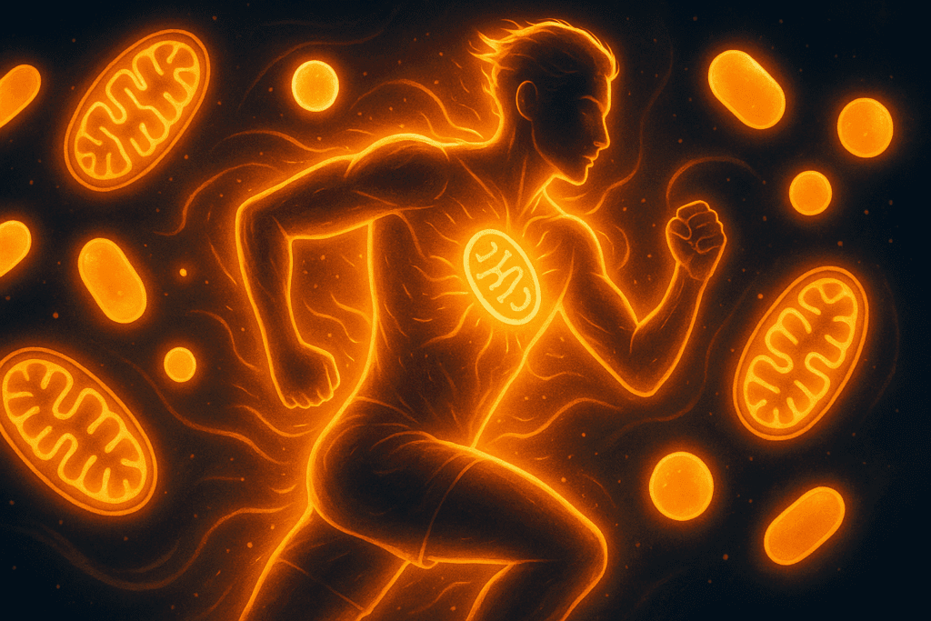 Energetic person mid-workout surrounded by glowing mitochondria and orbs symbolizing the best vitamins to take when working out.