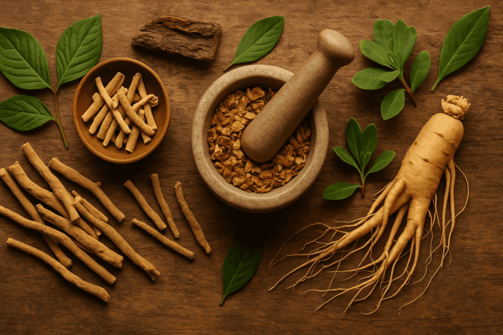 Adaptogenic herbs like ashwagandha, Rhodiola rosea, and ginseng on a rustic wooden table, symbolizing the best vitamins to take when working out for natural energy and resilience