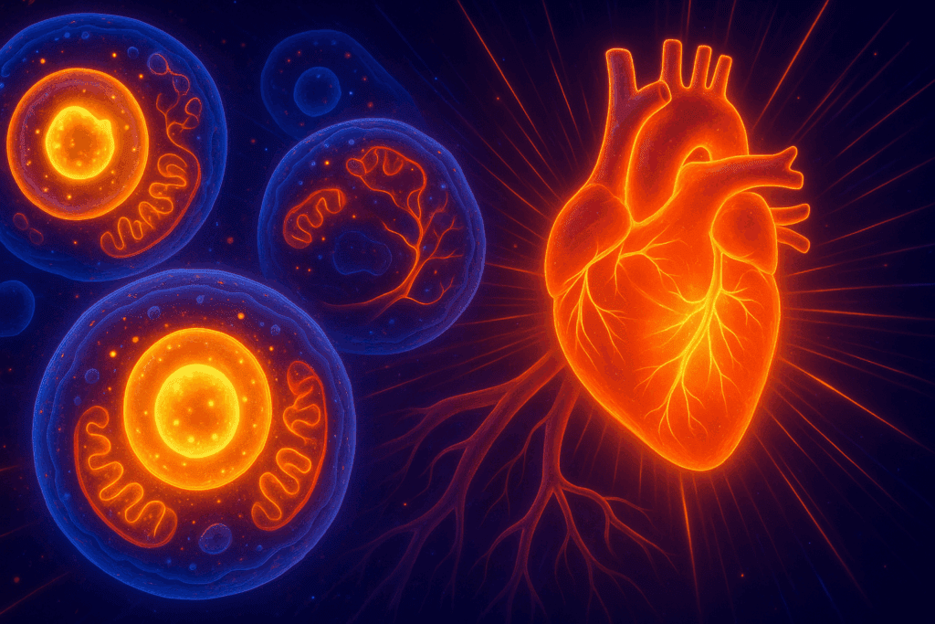 Futuristic digital rendering of CoQ10 molecules boosting mitochondria and heart function, symbolizing the best vitamins to take when working out.
