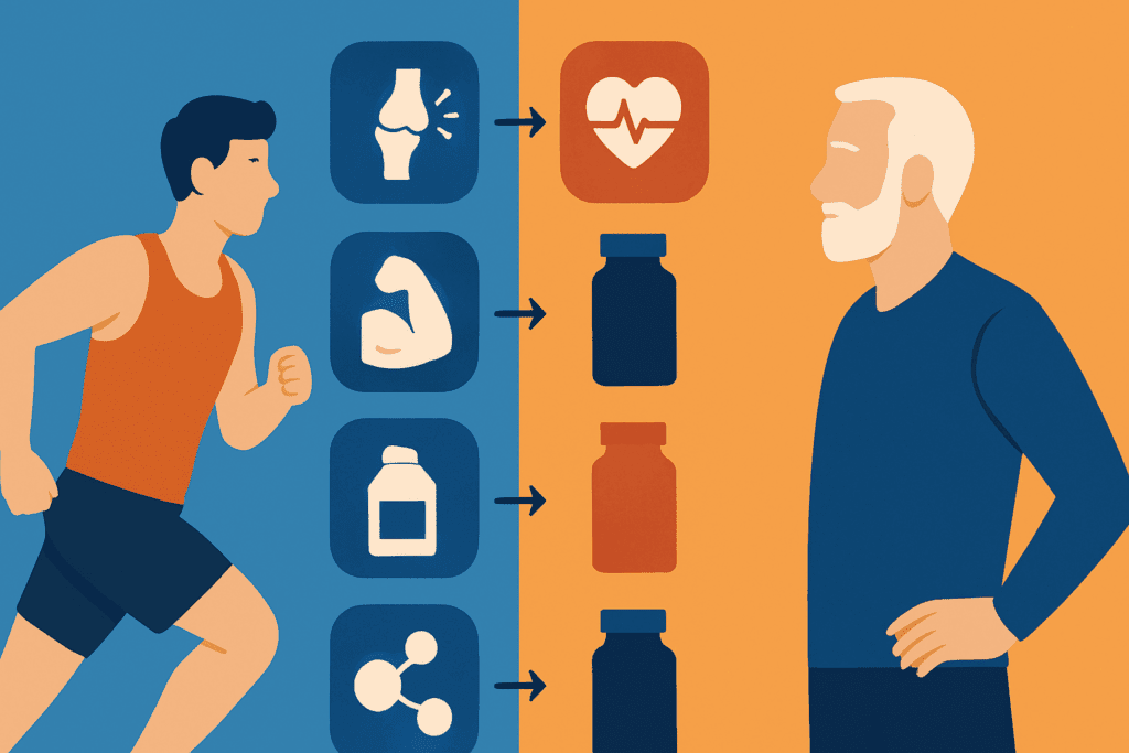 Supplement infographic comparing best vitamins to take when working out for a 25-year-old athlete and a man over 40, with icons for joint, muscle, heart, and hormonal support.