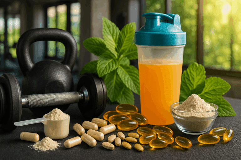 Collage of gym supplements and equipment like capsules, powders, dumbbells, and a shaker bottle, representing the best vitamins to take when working out.