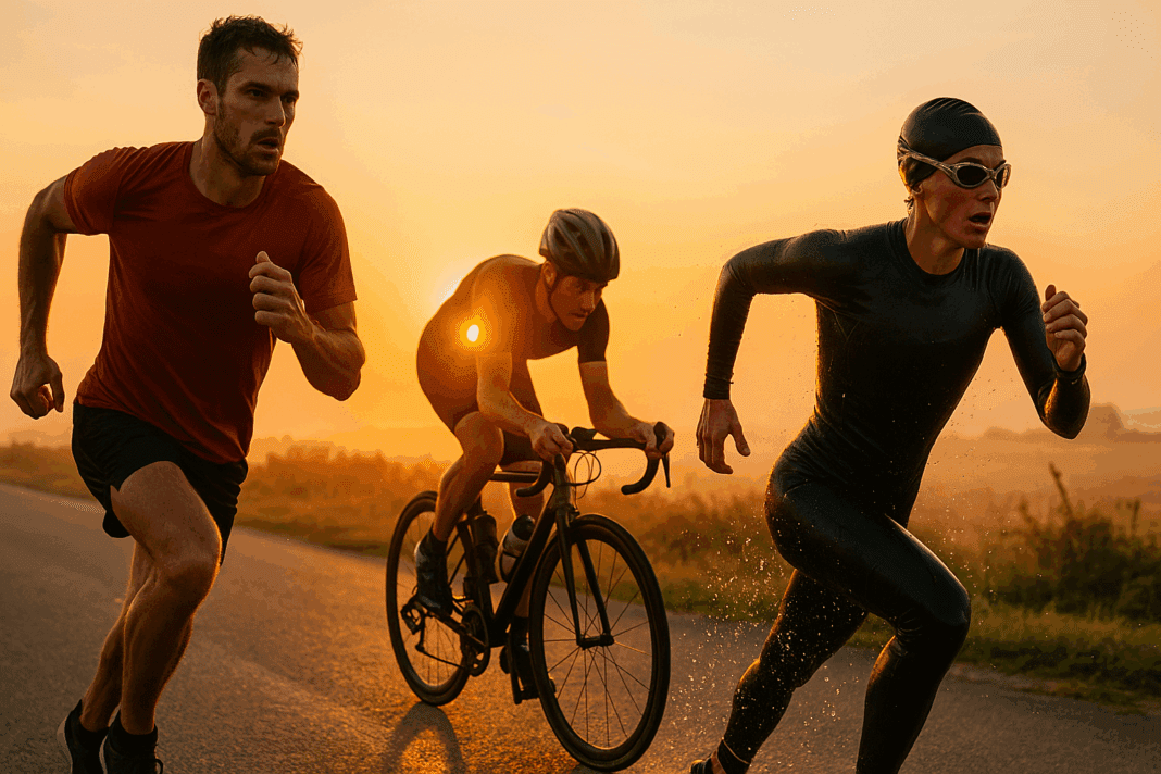 Endurance athletes running, cycling, and swimming outdoors at sunrise, showcasing intense aerobic capacity and physical stamina
