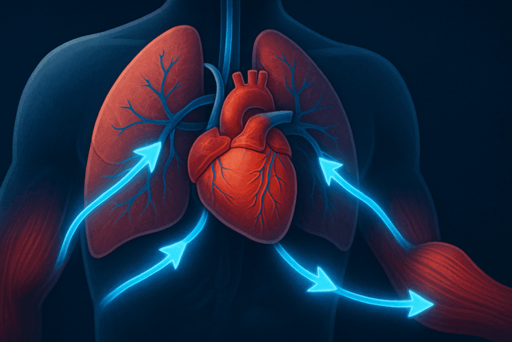 Close-up illustration of human heart and lungs with oxygen pathways flowing to muscles, symbolizing oxygen transport during aerobic capacity exercise.