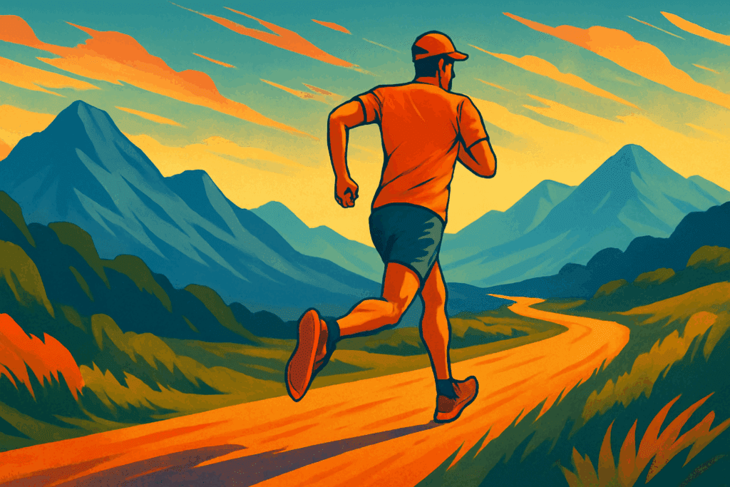 Runner demonstrating aerobic capacity by maintaining steady pace on a mountain trail surrounded by vibrant landscape at sunset