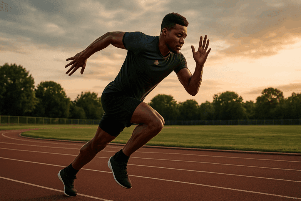 Athlete sprinting outdoors during high-intensity interval training to improve aerobic capacity at sunset on a track