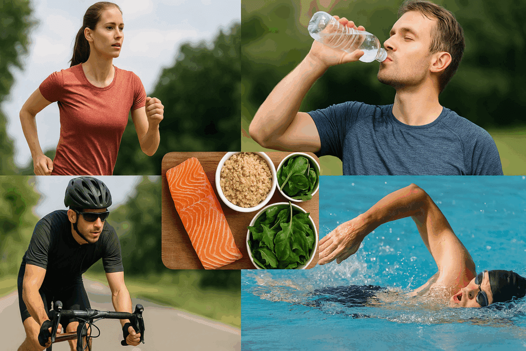Collage of people running, cycling, swimming, and eating healthy foods like salmon, quinoa, and leafy greens to naturally boost aerobic capacity