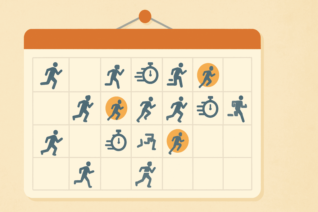 Workout plan calendar pinned to a wall with illustrated endurance runs, tempo runs, and interval training sessions for building aerobic capacity