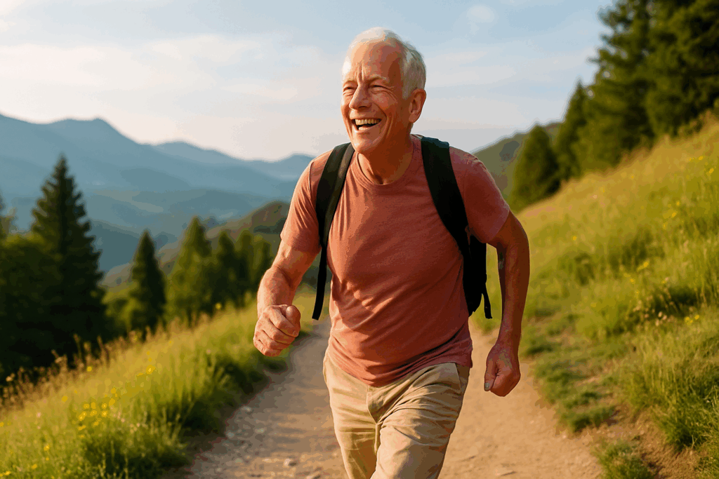 Joyful elderly man hiking a scenic mountain trail at sunset, showcasing strong aerobic capacity and healthy aging.