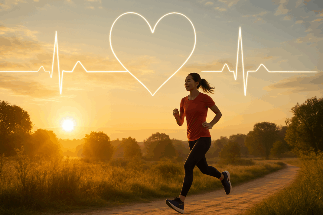 Healthy woman jogging on a sunlit park trail with heart-shaped pulse lines in the sky, symbolizing a new approach to prevent heart attacks.