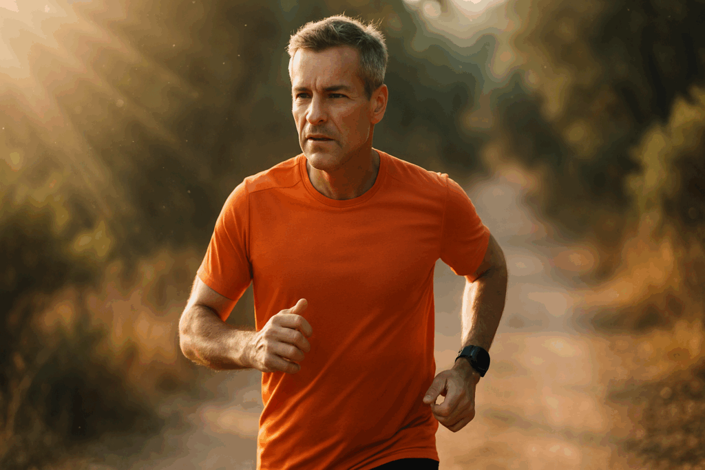 Middle-aged man jogging with a heart-rate monitor in morning sunlight, symbolizing a new approach to prevent heart attacks