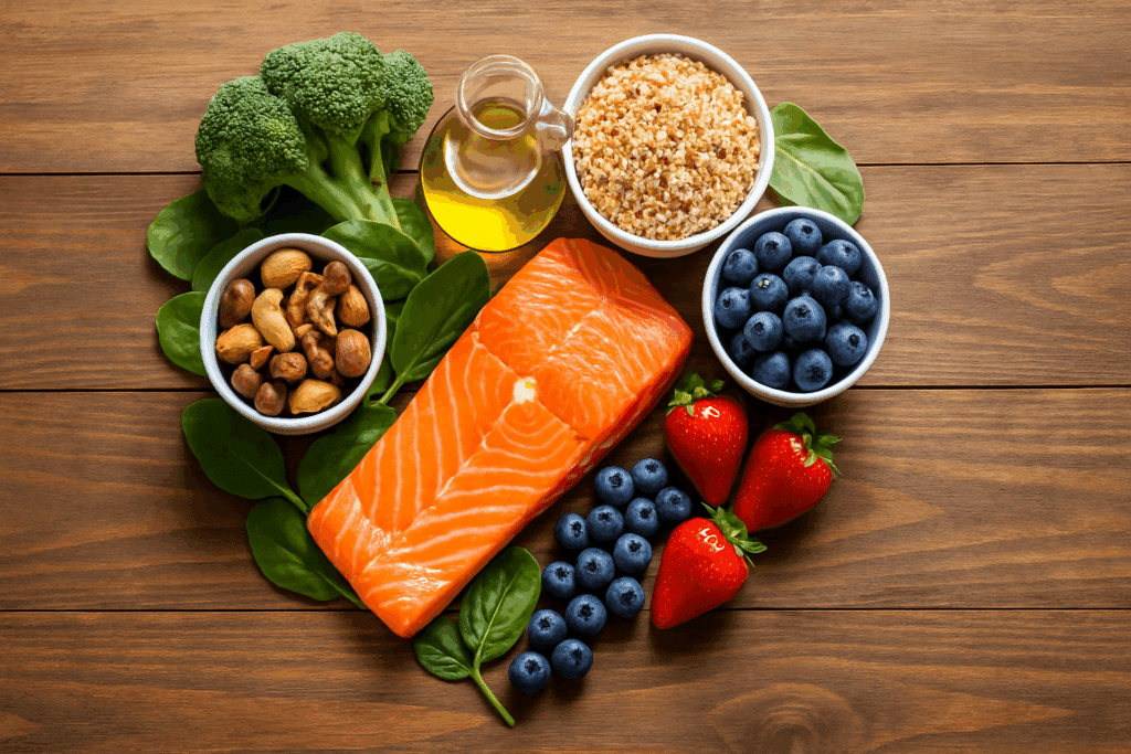 Heart-shaped arrangement of salmon, berries, nuts, leafy greens, quinoa, and olive oil on a wooden table, illustrating a new approach to prevent heart attacks through diet.