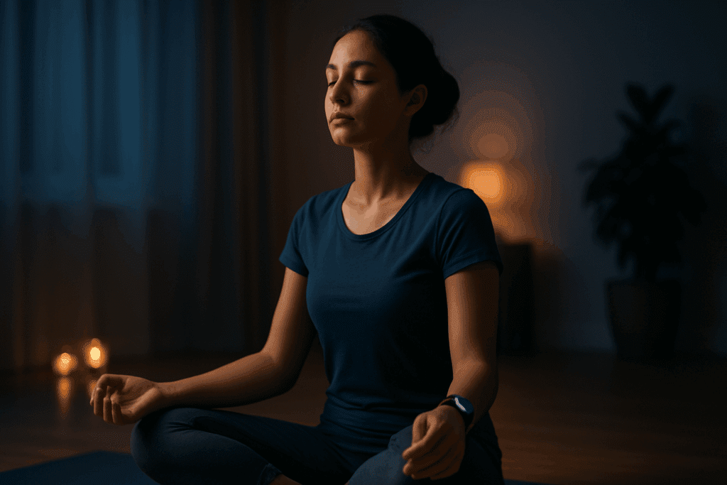 Woman meditating indoors with a glowing fitness tracker, illustrating a new approach to prevent heart attacks through stress recovery.