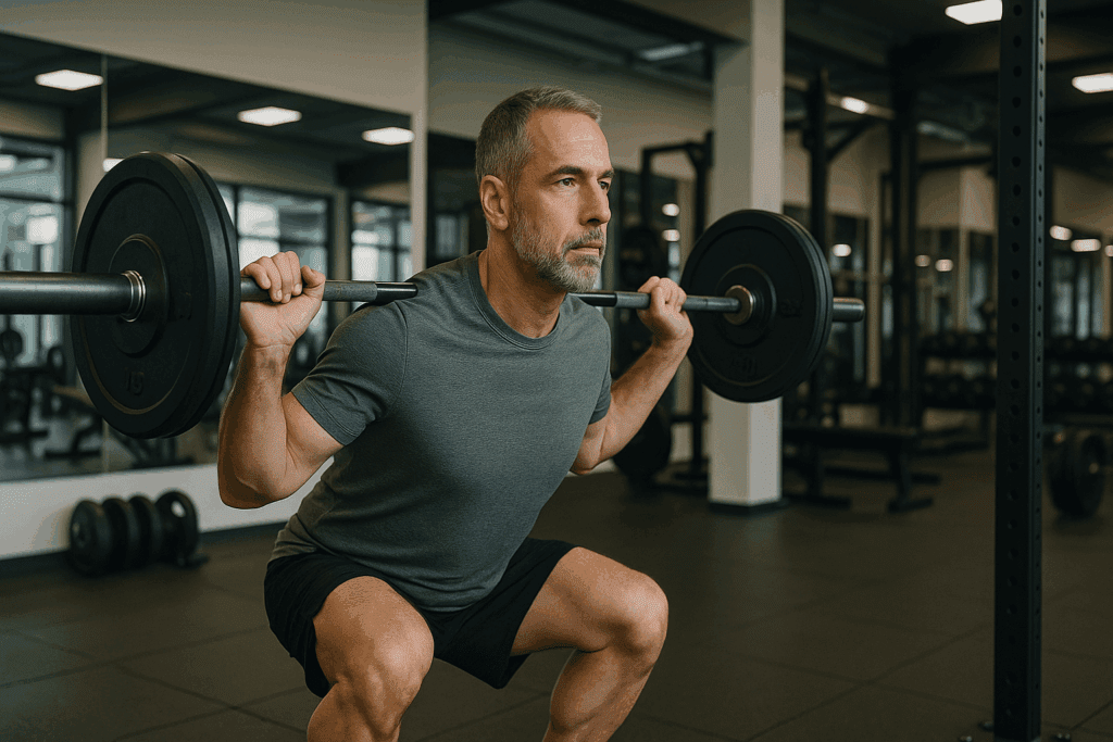 Middle-aged man performing barbell squats in a modern gym, representing a new approach to prevent heart attacks through strength training.