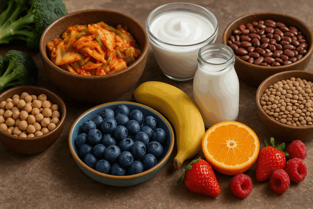 Colorful display of probiotic and fiber-rich foods like kimchi, yogurt, legumes, and fruits on a rustic counter, highlighting a new approach to prevent heart attacks.