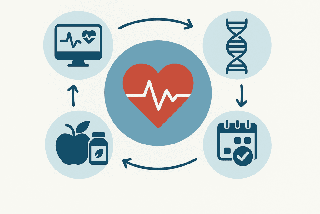 Circular infographic illustrating a new approach to prevent heart attacks through genetic testing, heart rate monitoring, functional nutrition, and personalized training.