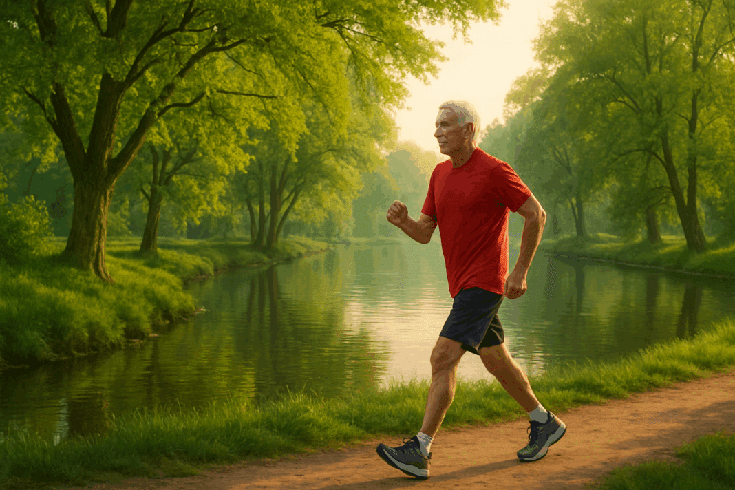 Older man briskly walking along a peaceful riverside path at sunrise, symbolizing strength and hope while boosting endurance with a weak heart.