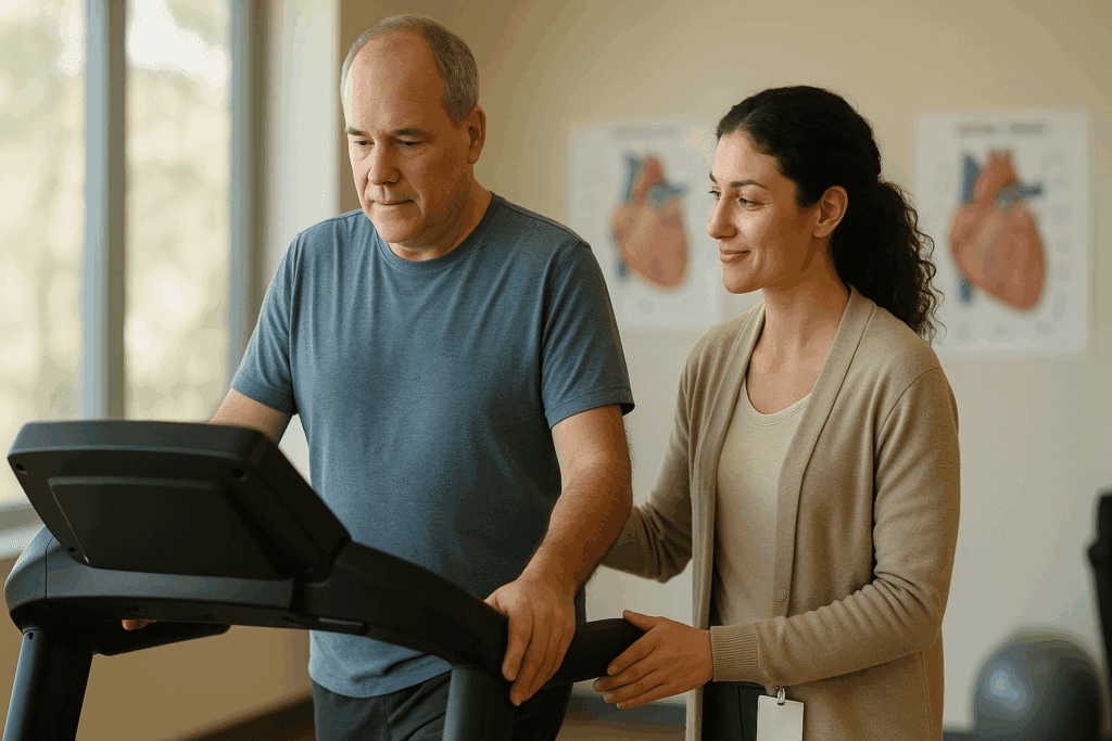 Physical therapist encouraging a middle-aged man walking slowly on a treadmill in a heart health clinic, boosting endurance with a weak heart.