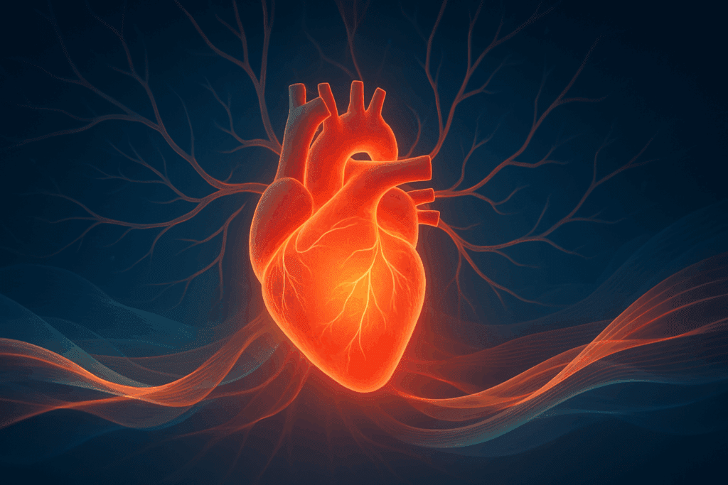 Glowing human heart surrounded by vibrant blood vessels and flowing energy waves, symbolizing improved circulation and Boosting Endurance with a Weak Heart.