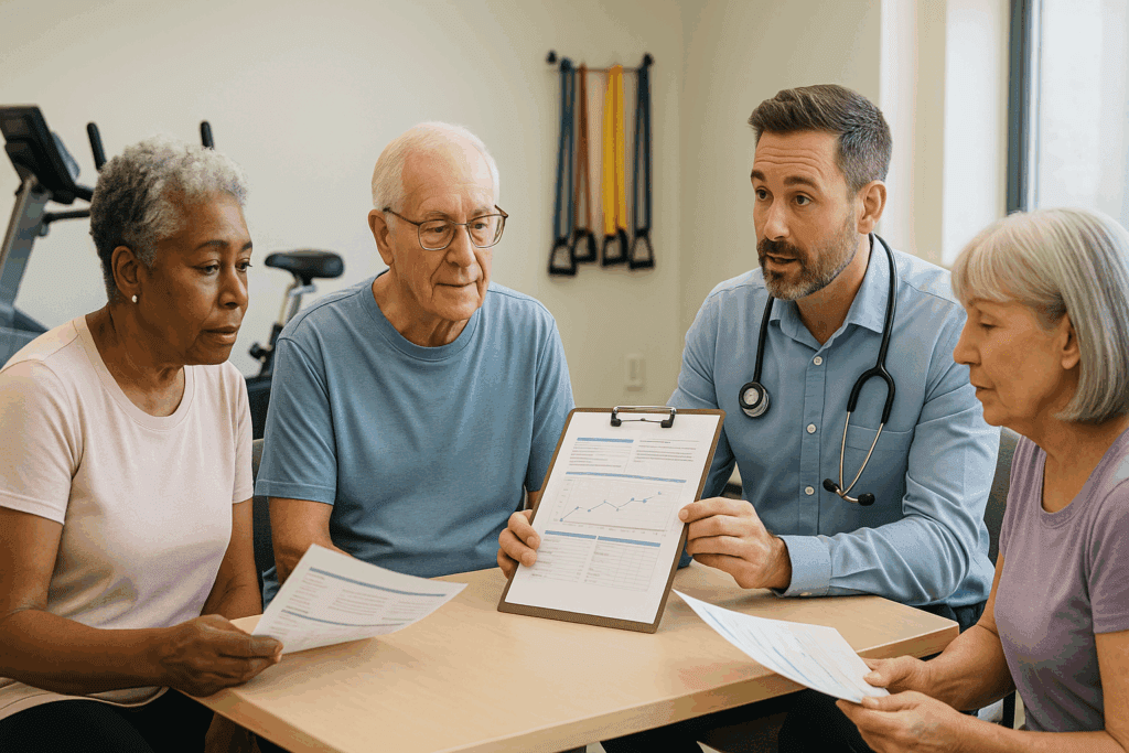 Medical coach consulting a diverse group of older adults about personalized fitness plans in a clinic gym, supporting goals for Boosting Endurance with a Weak Heart.
