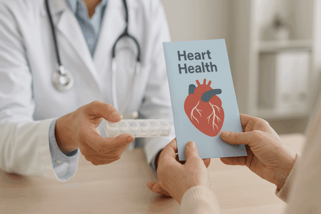 Healthcare professional handing a patient a pill organizer and heart health pamphlets during consultation, symbolizing Boosting Endurance with a Weak Heart.