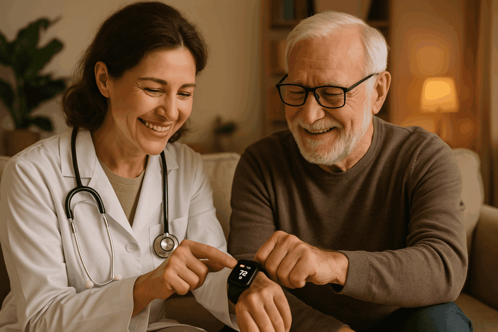 Doctor and elderly patient smiling while reviewing heart rate data on a smartwatch, promoting Boosting Endurance with a Weak Heart.