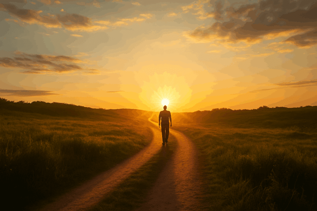 Person walking confidently along a winding path toward a sunrise, symbolizing resilience and boosting endurance with a weak heart.