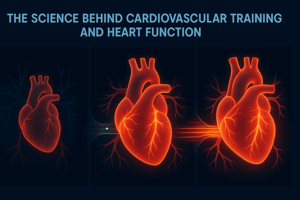 Three-stage infographic showing the process of boosting endurance with a weak heart, featuring abstract glowing hearts gradually increasing in size and blood flow.