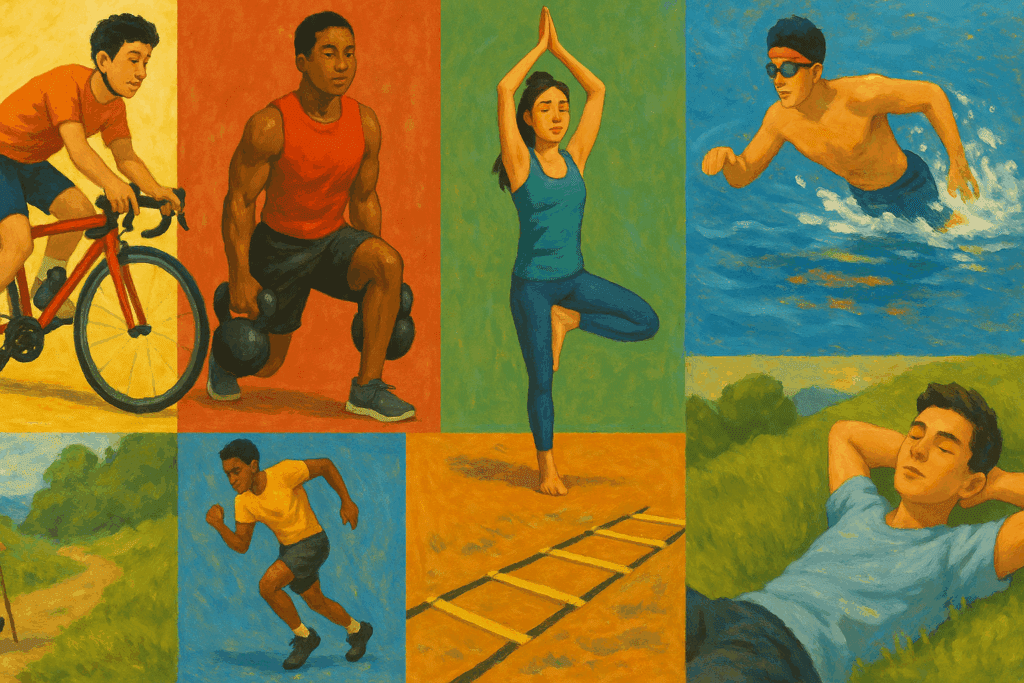 Collage of seven people doing different types of workouts including cycling, strength training, yoga, swimming, agility drills, hiking, and active recovery.