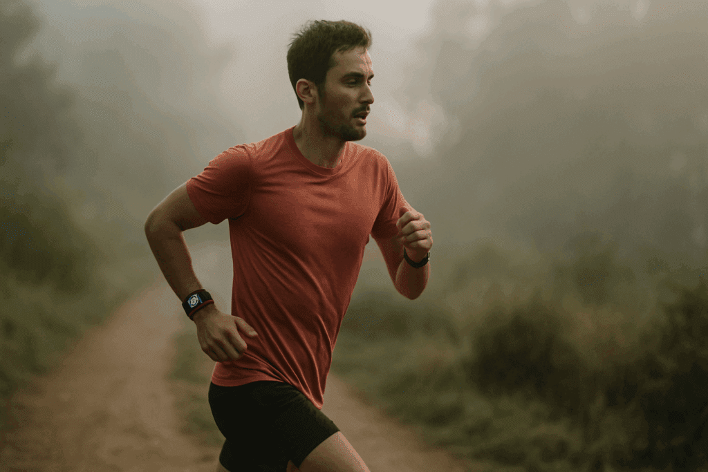 Runner training on a misty forest trail wearing a heart rate monitor, representing aerobic endurance among different types of workouts