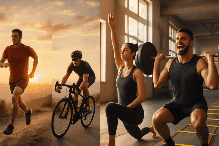 Athletes performing different types of workouts including trail running, mountain cycling, yoga, weightlifting, and agility drills at sunrise indoors and outdoors.