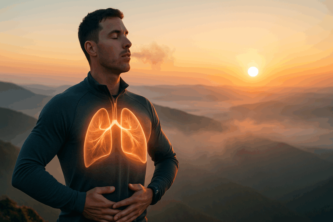 Athlete practicing deep breathing and coughing exercises at sunrise on a misty mountain summit, lungs glowing to highlight respiratory health.