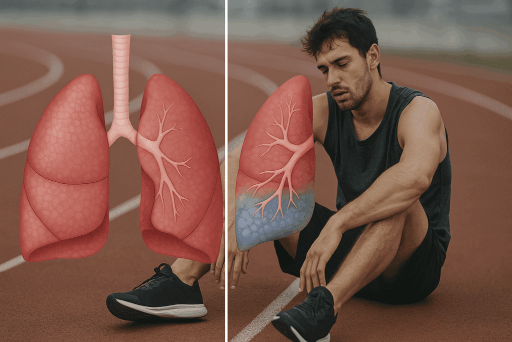 Boosting Recovery and Performance: How Deep Breathing and Coughing Exercises Support Post-Pneumonia Endurance Training 1 Split-screen illustration of healthy lungs and fluid-filled post-pneumonia lungs beside a fatigued athlete, highlighting impaired lung function and the need for deep breathing and coughing exercises