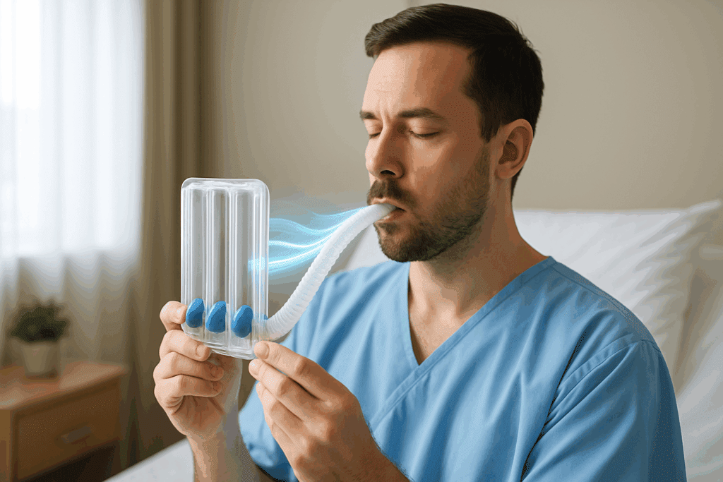 Boosting Recovery and Performance: How Deep Breathing and Coughing Exercises Support Post-Pneumonia Endurance Training 2 Man practicing deep breathing and coughing exercises with an incentive spirometer in a hospital recovery room