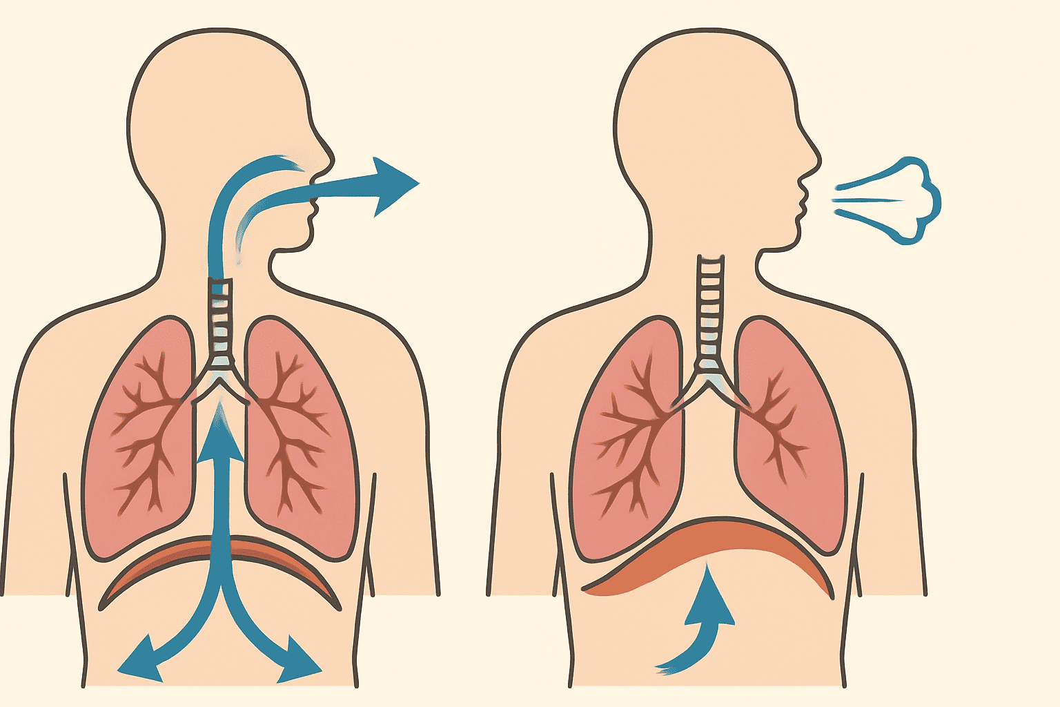 Boosting Recovery and Performance: How Deep Breathing and Coughing Exercises Support Post-Pneumonia Endurance Training 3 Anatomical diagram showing airflow through the lungs and diaphragm during deep breathing and coughing exercises