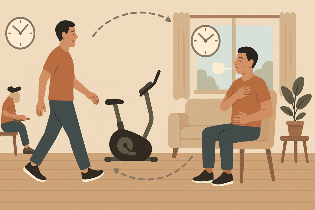 Boosting Recovery and Performance: How Deep Breathing and Coughing Exercises Support Post-Pneumonia Endurance Training 4 Man in home setting alternating between walking and deep breathing and coughing exercises during pneumonia recovery.
