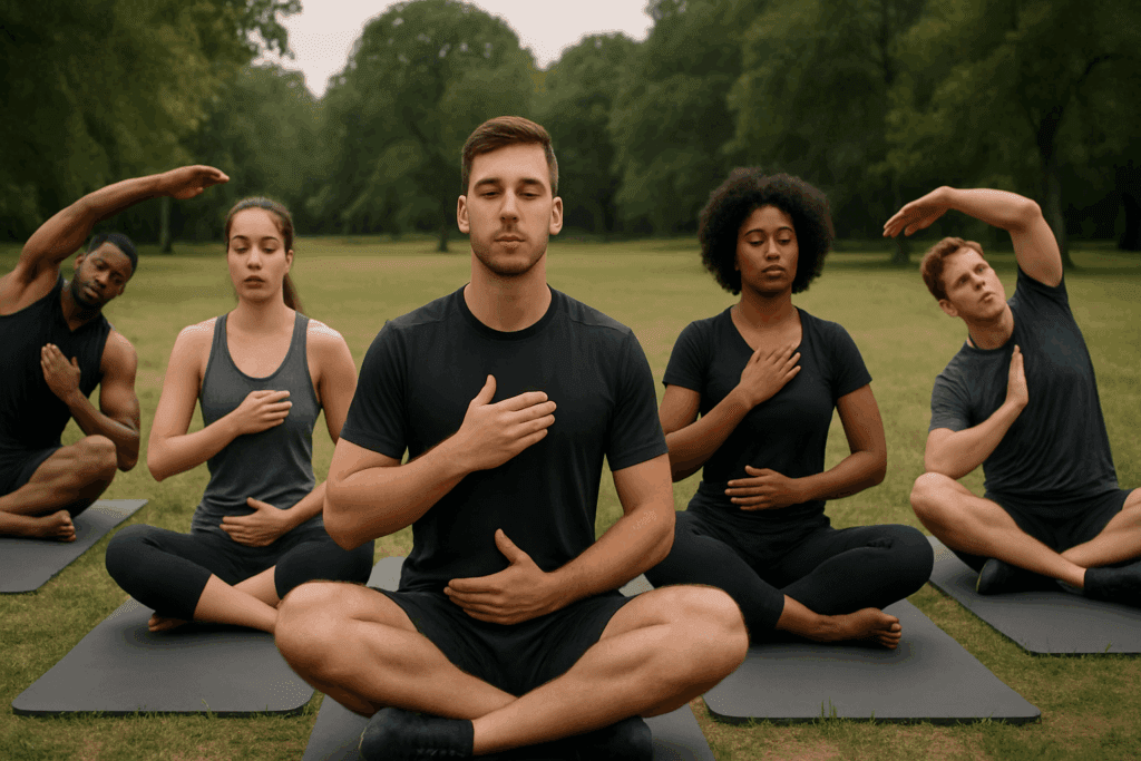 Boosting Recovery and Performance: How Deep Breathing and Coughing Exercises Support Post-Pneumonia Endurance Training 5 Athletes practicing deep breathing and coughing exercises on yoga mats outdoors during a guided group session.