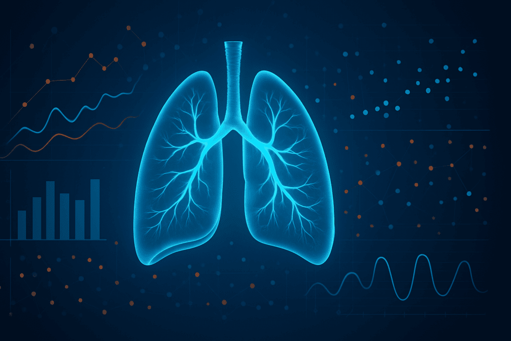Boosting Recovery and Performance: How Deep Breathing and Coughing Exercises Support Post-Pneumonia Endurance Training 6 3D digital lungs surrounded by medical data visuals illustrating clinical effects of deep breathing and coughing exercises