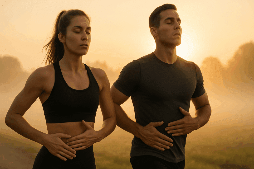 Fit male and female athletes practicing diaphragmatic breathing at sunrise, eyes closed with hands on lower abdomen, mist and golden light in background