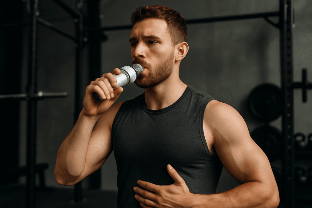 Breathe Better, Perform Stronger: The Science-Backed Benefits of Diaphragmatic Breathing for Endurance and Stamina 2 Athletic man practicing diaphragmatic breathing with a resistance trainer in a gym setting, focusing on core engagement.