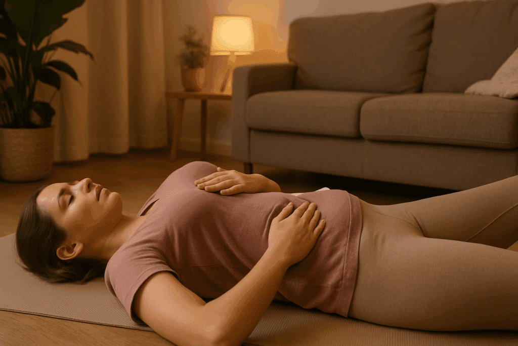 Breathe Better, Perform Stronger: The Science-Backed Benefits of Diaphragmatic Breathing for Endurance and Stamina 3 Woman lying on a yoga mat with one hand on chest and one on stomach, practicing diaphragmatic breathing in a calm living room