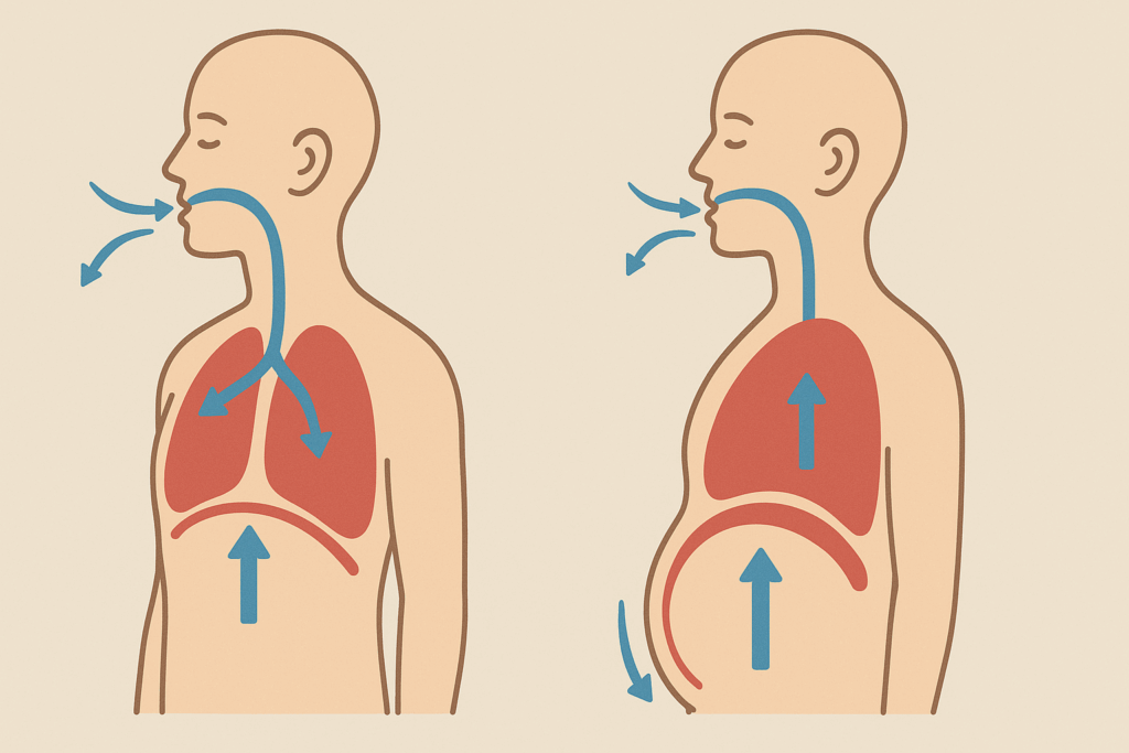 Breathe Better, Perform Stronger: The Science-Backed Benefits of Diaphragmatic Breathing for Endurance and Stamina 5 Side-by-side infographic showing chest breathing with raised shoulders versus diaphragmatic breathing with belly expansion and relaxed posture