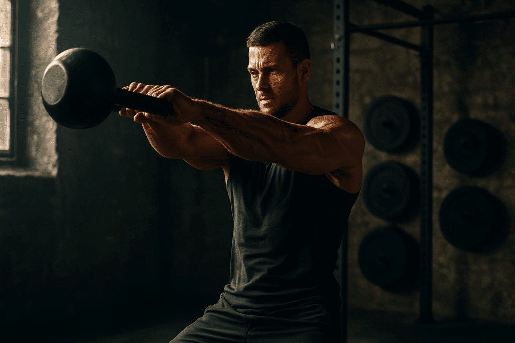 Build Endurance and Power: How HIIT Workouts for Men Can Boost Strength, Stamina, and Performance Naturally 2 Muscular man performing kettlebell swings in a gritty gym during HIIT workouts for men, with natural lighting highlighting strength and intensity.