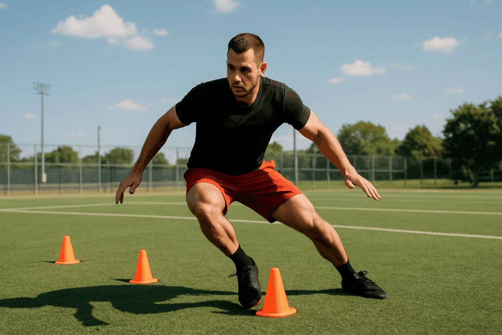 Build Endurance and Power: How HIIT Workouts for Men Can Boost Strength, Stamina, and Performance Naturally 4 Male athlete performing agility drill on a sports field under clear skies, demonstrating quick directional changes during HIIT workouts for men.