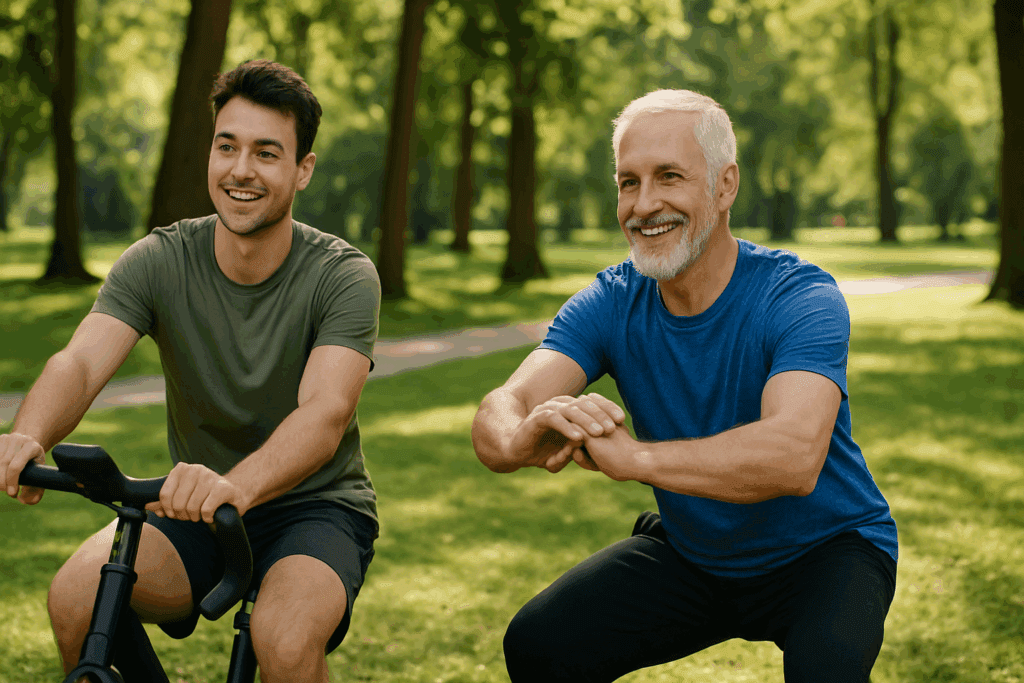 Build Endurance and Power: How HIIT Workouts for Men Can Boost Strength, Stamina, and Performance Naturally 5 Two men, one in his 20s and one in his 50s, performing outdoor HIIT workouts for men with cycling and bodyweight exercises in a sunny park.