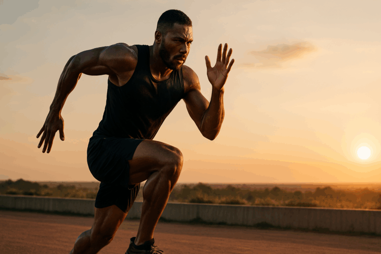Muscular athlete performing sprint during sunrise outdoor HIIT workouts for men, showcasing strength, endurance, and intensity