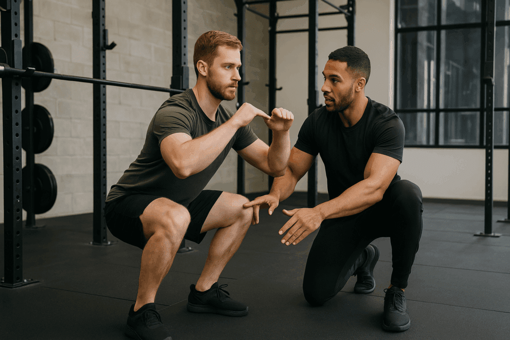 Build Endurance and Power Naturally: How a Fit Gym Workout and Fitness Exercise Gym Routine Can Boost Performance Safely 1 Personal trainer guiding a client through proper squat form in a modern facility during a fit gym workout session