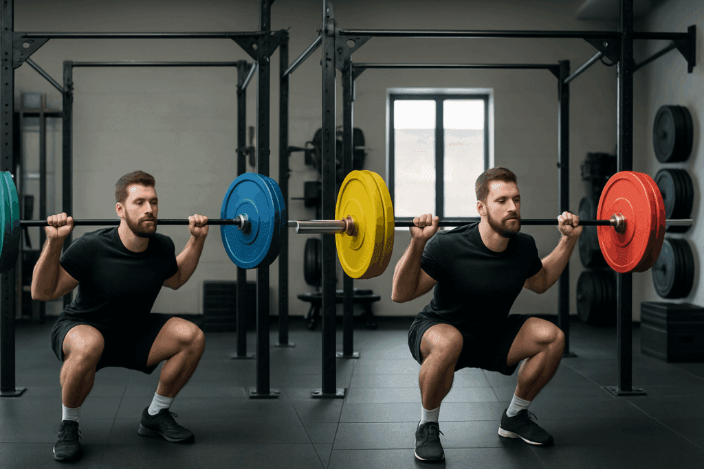 Build Endurance and Power Naturally: How a Fit Gym Workout and Fitness Exercise Gym Routine Can Boost Performance Safely 2 Athlete performing progressive barbell squats in a fit gym workout, increasing weight plates across sessions to illustrate training progression.